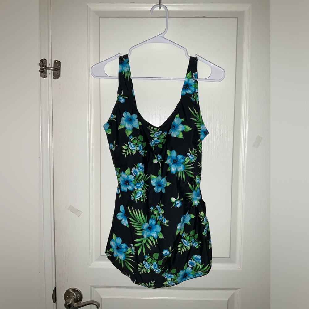 A.C.T swimsuit tropical blue floral print swim dress